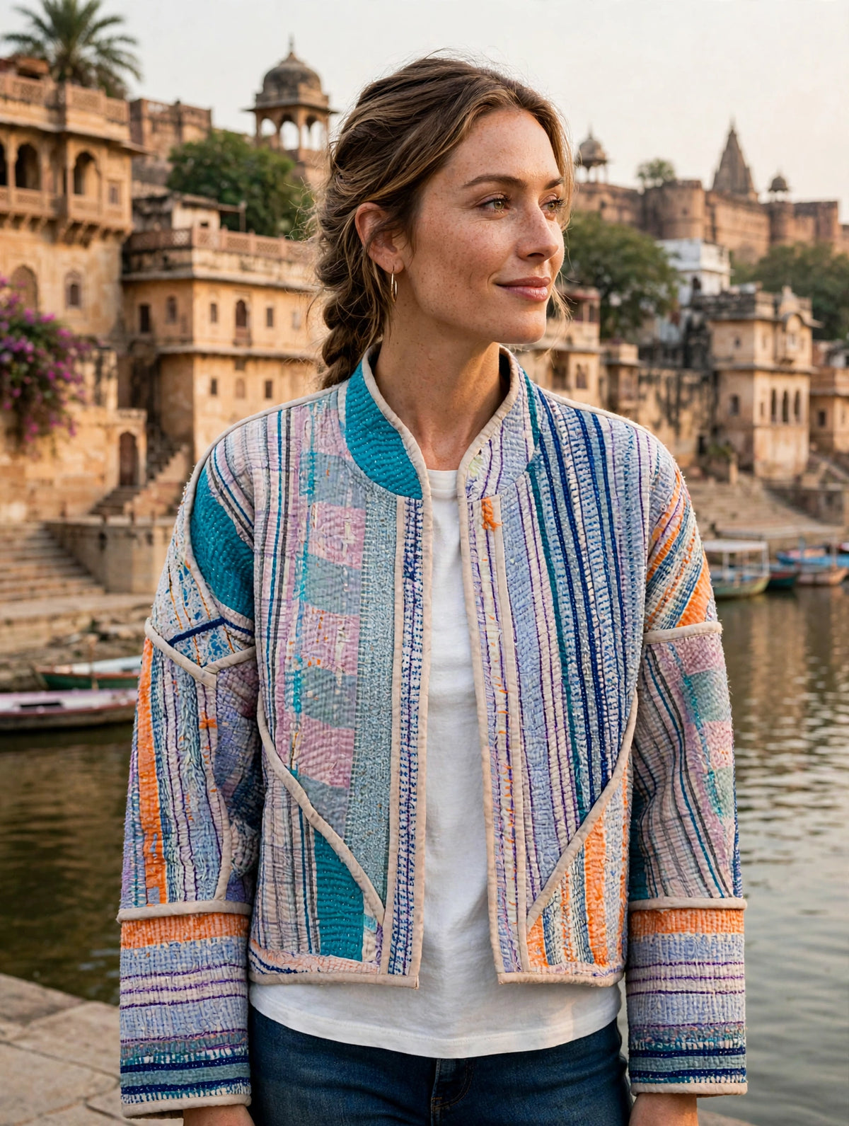 Kantha jacket worn by a model in India